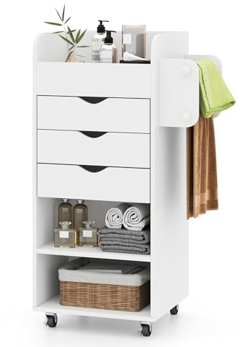 COSTWAY Mobile File Cabinet, Drawer Lateral Stationery Storage Organiser Chest with 3 Drawers, 3 Shelves, 3 Slots, 2 Hanging Rods and Wheels, Home Office Printer Stand Side Filing Cupboard (White)