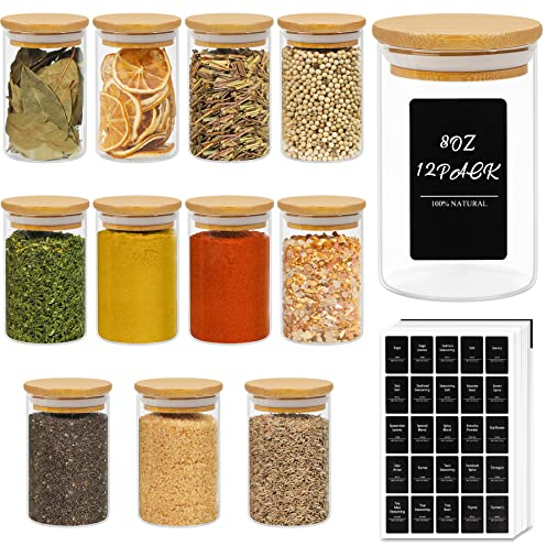 ComSaf® Gewürzgläser Set mit Holzdeckel 12 Stück, Rund Gewürz Organizer Salzstreuer mit 250ml Fassungsvermögen und 275 schwarzen Etiketten, Aufbewahrung Gewürze, Salz, Zucker