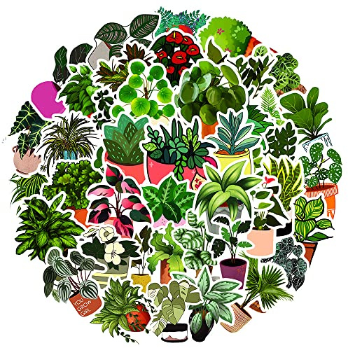 Lot de 50 Autocollants Stickers de Plantes Vertes Imperméables pour Ordinateur Portable, Scrapbook, Skateboard, Bagages, Mignons Plants pour Filles et Adultes