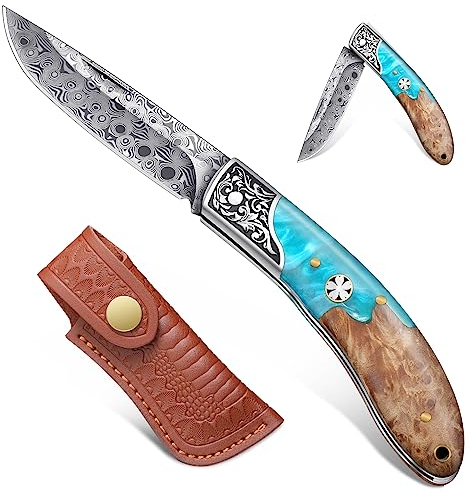 Freelander Taschenmesser Klappmesser Klein, Outdoor Klappmesser Zweihandmesser aus 5CR15 Stahl, Taschenmesser Damast mit Birnenholzgriff, EDC Messer mit Holster für Camping & Survival & Angeln