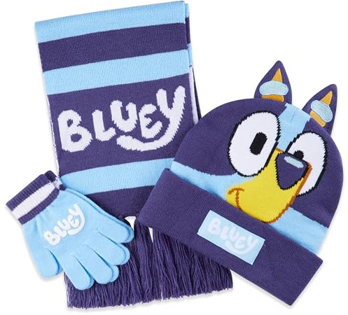 Bluey Girls Winter Accessories Set Cosy Warm Knit Hat Scarf & Kids Gloves or Beanie & Gloves School Travel, Kids Gifts (Blue Bluey 3 Pcs, 2-8 Years)