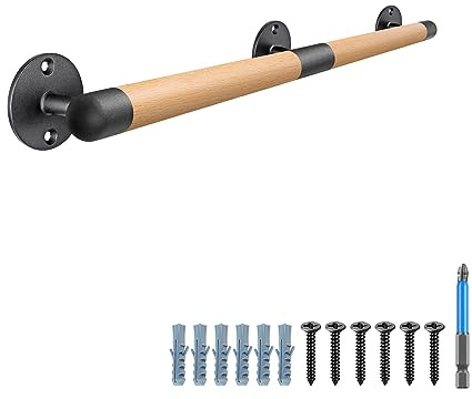 SELEWARE 34 Inch Wood Handrail Indoor Stairs Handrail Wall Mount Handrail w/Sturdy Metal Barckets, Barrier-Free Staircase Grab Bar for Elderly, 1.3 Inch Round