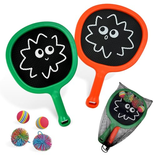 RORLAND Racquet Paddle Bouncy Ball Play Set for Kids Adults Family Activities Rackets, Indoor Outdoor Play Games,Children’s Pool Beach Sport Toys(with 4 Balls)