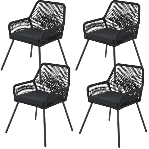 Juskys Rope Gartenstühle Kastos 4er Set - Outdoor Stuhl mit Armlehne & Kissen - Gartenstuhl 150 kg belastbar - Garten Balkon - Stühle Schwarz