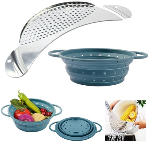 2 Pcs Pot Strainer Set with Collapsible Silicone Filter,Stainless Steel Half Moon Colander for Pasta, Legumes, Rice, Vegetables,Kitchen Multipurpose Metal Drainer for Washing Fruits Drain Noodles