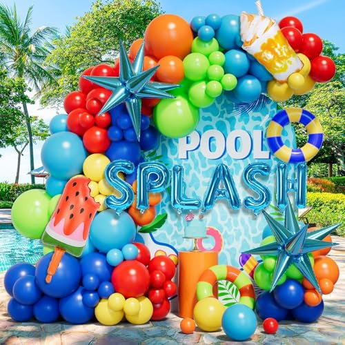 Splash Tropical Balloon Garland Arch Kit Summer Pool Beach Party Explosion Star Sun Watermelon Foil Balloons for Kids Birthday Swimming Water Luau Hawaiian Baby Shower Party Decorations