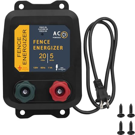 Electric Fence Energizer 5 Miles/ 20 Acres AC Powered 120 Volt, Plug-in Electric Fence Charger Output 0.2 Joule for Preventing Raccoons, Livestock, Squirrels, Chicken Coops, Skunks intruding