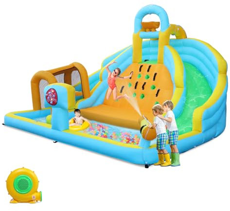 LEADZM Château Gonflable avec Souffleur, Aire de Jeux Gonflable avec Double Toboggan, Grand Mur d'escalade, Aire de Saut, Cible, Pistolet à Eau, pour 3 Enfants de 3 à 8 Ans, 395 x 350 x 260 cm
