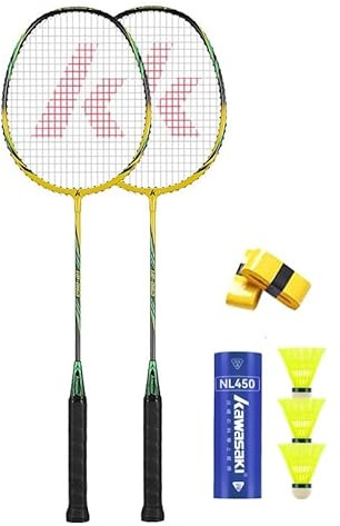 Kawasaki Badminton Racket Set of 2, Graphite Shaft Alloy Frame Lightweight Badminton Rackets for Training, Sports and Entertainment, with 3 Badminton shuttlecock, 2 Overgrips and 1 Bag
