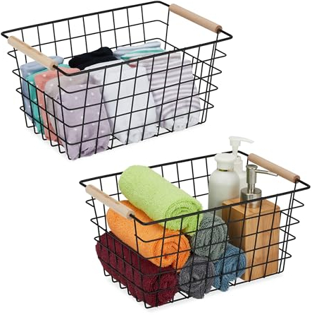 Relaxdays Drahtkorb, 2er Set, Metall, Holzgriffe, HxBxT 16 x 31 x 21 cm, eckiger Aufbewahrungskorb, Bad & Küche, schwarz