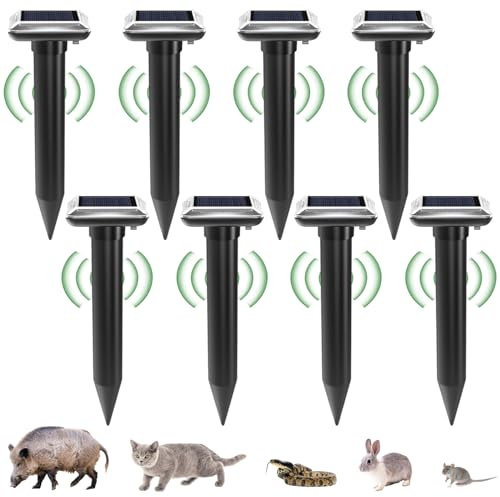 8 Piezas Ahuyentador de Topos Solar, IP65 Ahuyentador de Ratas,Repelente de Topos Solares, Repelente de Ratones Ultrasónico para Jardin, Anti Animales, Serpientes, Cucarachas, Negro