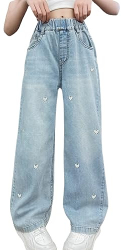 Rolanko Girls Jeans Bootcut Ripped Elasticated Waist Retro Style Denim Pants for Kids Fit, Heart Embroidery, Size: 13-15 Years/170