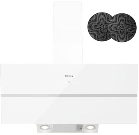 IsEasy Hotte Aspirante 90cm, Hotte de Cuisine Inclinées Blanc, Classe A++, 594 m³/h, 4 Vitesses, Eclairage à LED, Evacuation ou Recyclage, 2 Filtres à Charbon Inclus