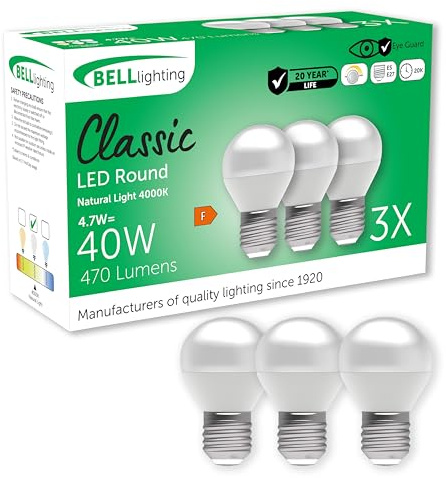 BELL Lighting E27 Dimmable LED Golf Ball Bulbs Natural White 4.7W 3 Pack | Dimmable E27 Edison screw LED golf ball bulbs with 4000K natural white light, 470lm brightness and 40W equivalent output.
