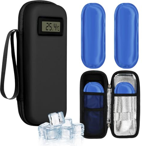 Fefod Estuche Insulina, Nevera Insulina de Viaje con 2 Bolsas de Hielo Refrigerado TSA, Estuche Medicamentos para Diabetes con Visualización de Temperatura para Viajes Largos y Diarios (Negro)