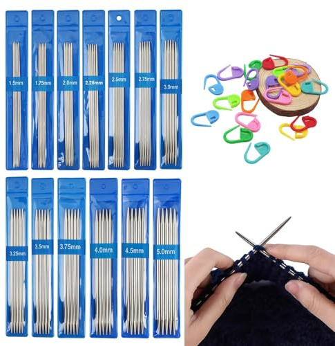 Set di 65 ferri da maglia in acciaio inox con 20 pennarelli, 15 cm, ferri da maglia a doppia punta, 13 misure da 1,5 mm a 5,0 mm, ferri da maglia per calze, guanti, cappelli, sciarpe