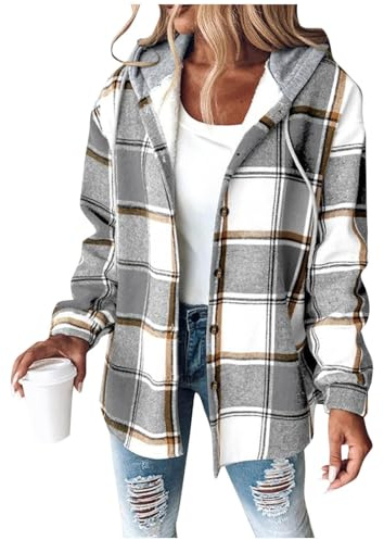 Women's Flannel Jackets Plaid Tartan Check Shirts Hoodies Winter Shacket Coat Long Sleeve Button Down Outdoor Patchwork Wool Blend Autumn Winter Outfits Ladies Lumberjack Jackets