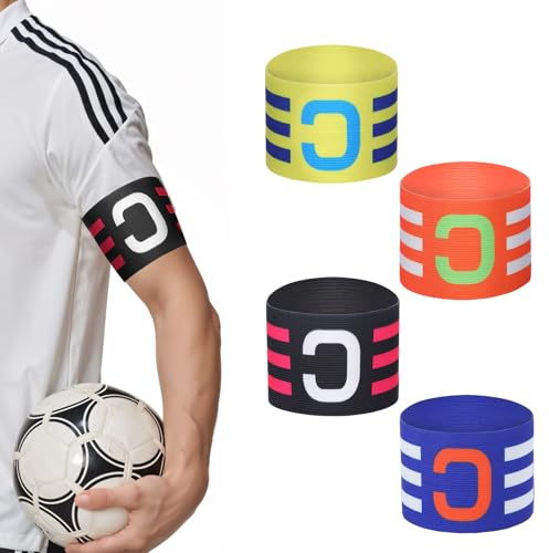 WJIAAA Confezione da 4 fasce da capitano di calcio, fascia da braccio classica unisex, fasce elastiche regolabili per il capitano di calcio, arancione, blu, nero, giallo