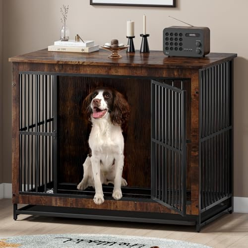 Doouce Large Dog Crate Furniture,Rustic Brown Dog Crate End Table,Heavy Duty Wooden Dog Kennel Furniture with Double Doors, Indoor Dog Cage for Medium Large Dogs (97.5x59x77.5 cm)