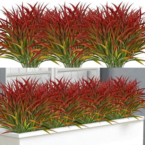 BlueCloudy 16 Bundles Artificial Plants Outdoor, Fake Artificial Grass Greenery Stems Shrub Bushes UV Resistant Large Faux Plastic Plants for Spring Summer Indoor Outside Garden Home Patio Box Decor