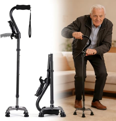 Bastón plegable para hombre y mujer, para personas mayores con base de 4 puntas, doble mango, altura ajustable (75-90 cm), ligero y estable, bastón telescópico para adultos