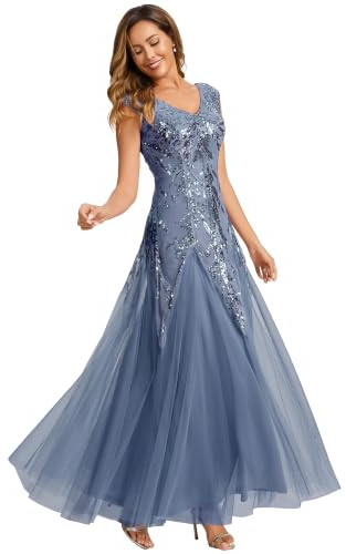 Ever-Pretty Robe de Soirée Col en V sans Manche Paillette Maxi Robe Évasée Bleu Poussiéreux 42