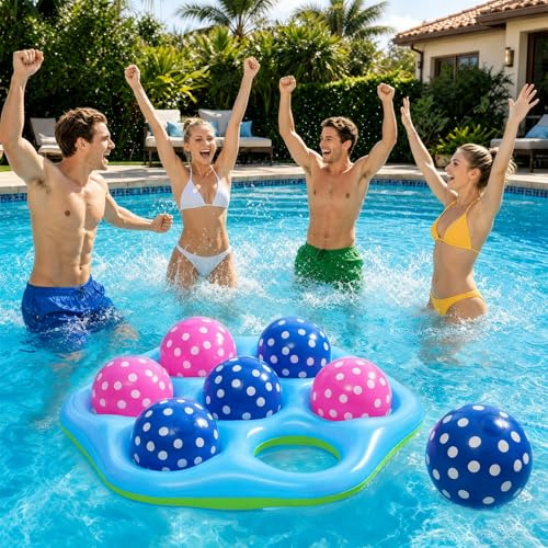 CYFIE Pool leksak hexagon, uppblåsbar 7-håls vattenleksak med 7 boll, tvåfärgad blå-grön, vattenleksak vuxna, pool tillbehör kul för pool strand trädgård, vattentät kastleksak