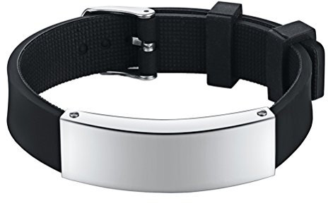 PAURO mäns rostfritt stål polerad finish svart silikon spänne armband justerbar längd, Bomull Silikon Rostfritt stål