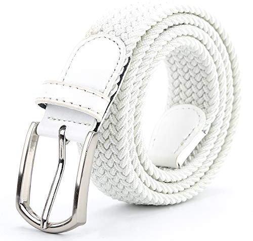 Braided Canvas Woven Elastic Stretch Belts for Men/Women/Junior with Multicolored (White, Medium/32-34 Waist)
