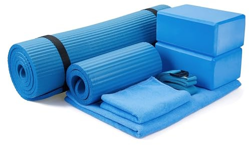BalanceFrom 7-Piece Yoga Set with 71x24x0.5 Inches Extra Thick Mat and Carrying Sling – Includes 2 Blocks, Stretch Strap, 2 Towels, and Knee Pad for Home, Studio, and Gym Workouts