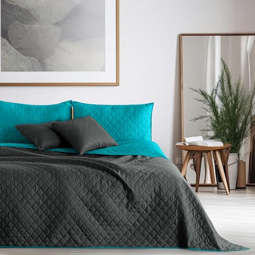DecoKing Tagesdecke 170 x 270 cm Petrol Graphit grau Bettüberwurf zweiseitig pflegeleicht Axel