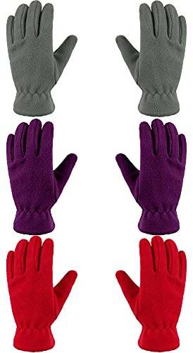 Geyoga 3 Pares Guantes de Forro Polar de Invierno de Dedos Completos de Niño (Púrpura, Gris, Rojo, M (8-12 años))