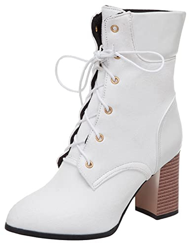 Bviennic Mujer Tacón Ancho Moda Cordones Biker Botines Casual Puntiagudo Invierno Warm Exterior Tacón Alto Botines Blanco Talla 44 EU-46Cn