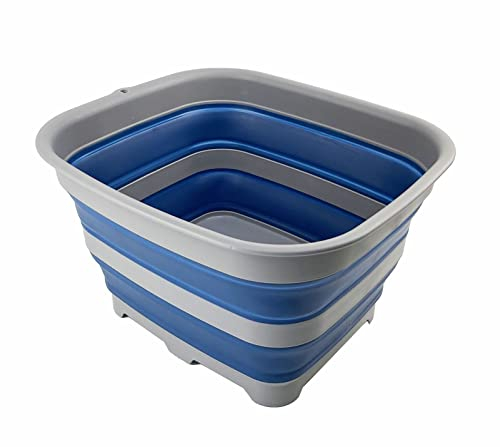 SAMMART 15L Zusammenklappbare Schüssel mit Ablaufstopfen - faltbares Waschbecken - tragbares Geschirrwaschbecken - platzsparendes Küchenregal (Grau/Nebelblau)