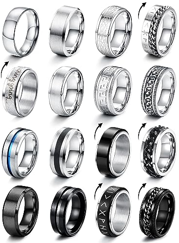 CASSIECA 16 Stück Edelstahl Herren Ringe Silber Schwarz Matt Finish Poliert Band Ring Keltischer Knoten Vintage Biker Ringe Wikinger Verlobungsringe für Herren Männer Größe 70