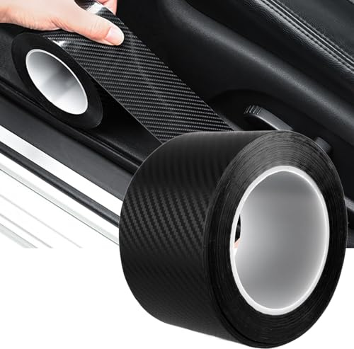 AKOLAFE Protector Umbral Puerta Coche 7 cm X 10 m, Cinta Fibra Carbono Coche Negra K3D, Tira Adhesiva para Puertas, Estribos, Bordes y Protección Decorativa con Rascador