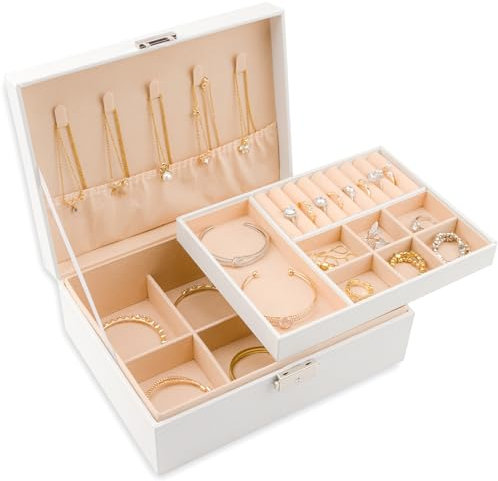 Meschett 2 Layer Jewelry Box,PU Leather Jewelry Holder Organizer with Lock and Removable Tray,Jewelry Organizer for Rings Earrings Necklaces Bracelets,Jewelry Boxes for Women,White