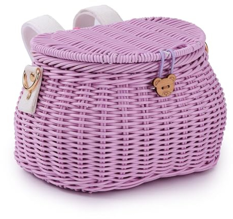 SVNR Kids Bike Basket, Bike Basket Front, Bicycle Baskets for Boys and Girls, Handwoven Backpack with Lid Shoulder Strap, Rattan Front Handlebar Baskets, Purple