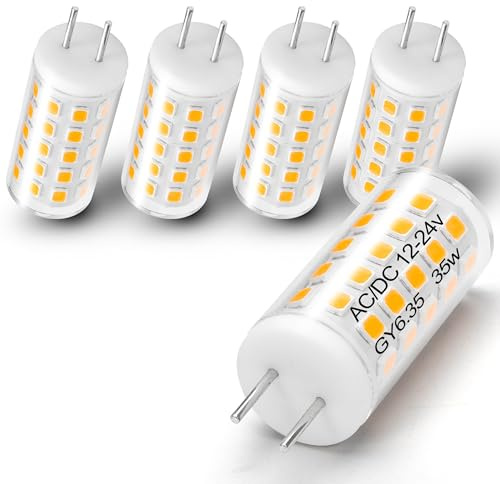 Heifymi GY6.35 Light Bulb AC/DC 12-24V 4W Equivalent 35W-40W Halogen Bulb Warm White 2700K GY6.35/G6.35 JC Type Bi-Pin Base for Pendant Landscape Kitchen Lights Desk Lamp, Non-Dimmable, 5 Pack