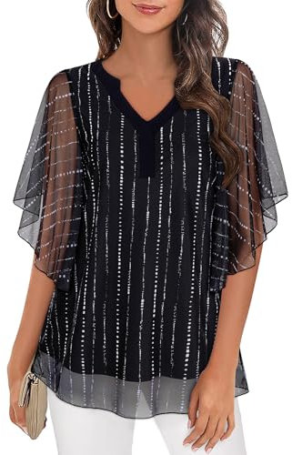 Gemulate Ladies Casual Tops - Black & White, XXL, 3/4 Sleeve, V Neck, Double Layers Mesh, Flowy Tunic Tops