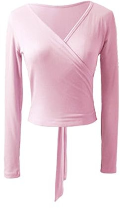SHAIQGB Ballett Tanz Wickel Oberteile für Frauen Mädchen - Trikots Mantel Wrap Tops Langarm Gymnastik Overall Pullover Spitze-up Warm Up Cardigan (Pink, S)
