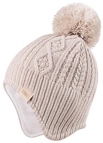 Baby Beanie Hat, Winter Warm Knit Cap and Scarf Set with Pom Pom for Girls, Toddler Winter Hat(0-36months) Beige