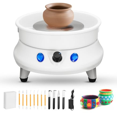 Ruota per Ceramica Elettric, Couleeur 15CM Velocità Regolabile da 0 a 200giri/min Tornio per Ceramica, Ruota di Ceramica con Vasca Staccabile e 11 Utensili per Modellare per Uso Domestico