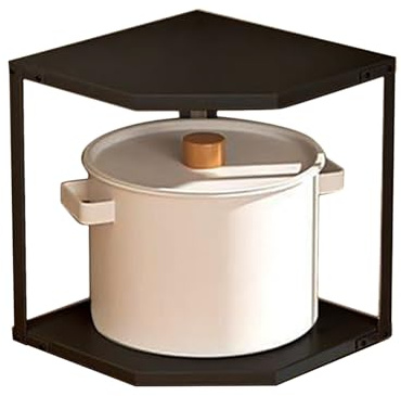 Small Kitchen Corner Shelf, Fan Shaped, Space Saving, Sturdy Carbon Steel Cookware Rack for Pots, Pans (2 Layer Black 27x27x27.6cm)