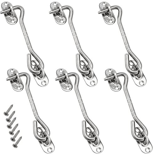 CHUIFAI Pack of 6 10 cm Cabin Hooks, Small, Silver, Stainless Steel Storm Hooks with Eyelet, Window Hooks, Door Hooks for Sheds, Windows