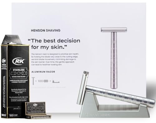 Henson Shaving Coffret Rasoir de Sûreté AL13 + Support + Lames | Rasage précis à 30°, séchage optimal. Aluminium anodisé, 100 recharges RK incluses. Cadeau élégant et durable, homme.