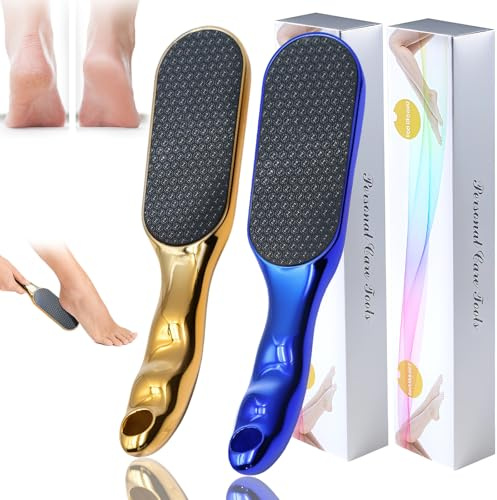 2 limas de pie de grano de vena, lima de pie de nano cristal, removedor de piel dura con mango ergonómico antideslizante, herramientas profesionales de cuidado de pies para pies lisos (dorado + azul)
