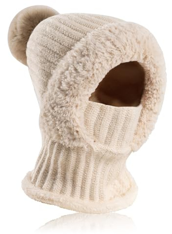 AYPOW Winter Warm Knitted Cap & Neck Warmer Sets for Women, Windproof Flexible Soft Thick Fleece Lined Face Mask Beanie Hat with Hairball, Outdoor Sports Balaclava Ski Mask, Winter Gift Beige