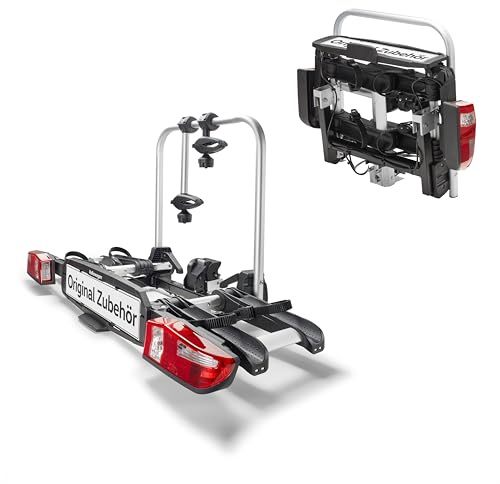 Volkswagen 000071105T Premium Fahrradträger für Anhängerkupplung, 2 Fahrräder, 60 kg Traglast, Klappbar, 13-polig, mit Diebstahlsicherung, Silber/Schwarz