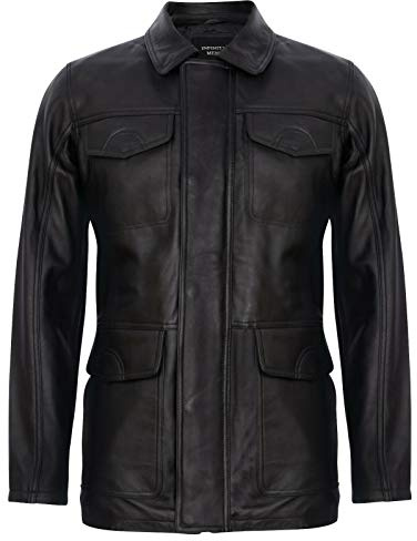 Infinity Leather Chaqueta de Trinchera Safari Parker de Cuero Genuino Clásico Negro Para Hombre XS